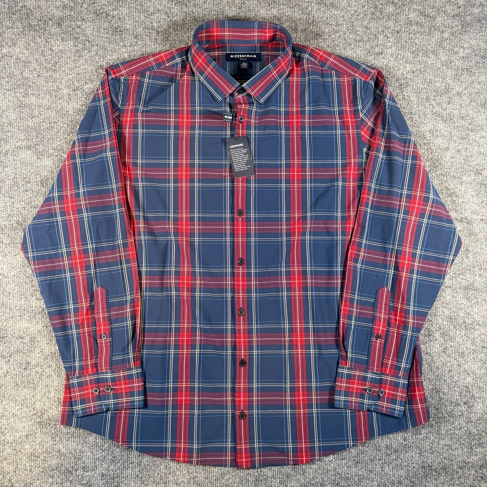 MIZZEN + MAIN Leeward Dress Shirt Mens XL Classic No Tuck Red Navy Plaid